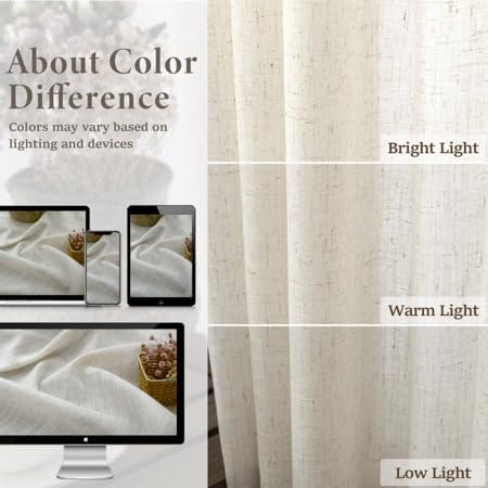 Natural Linen Back Tab Curtains 84 Inch Length for Living Room 2 Panel Pocket Drape Light Filtering Semi Sheer Neutral Country Rustic Farmhouse Boho Curtain Bedroom Muslin Look Ivory Cream Colored