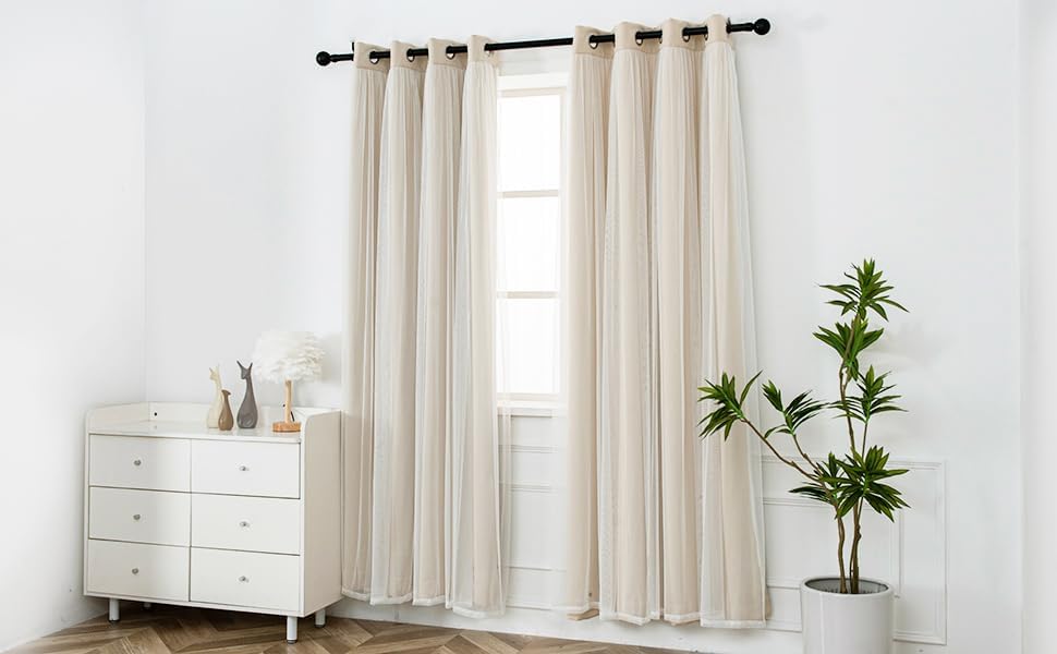 INLINAS Blackout Curtains with Sheer Overlay, Beige, 52x84 Inches