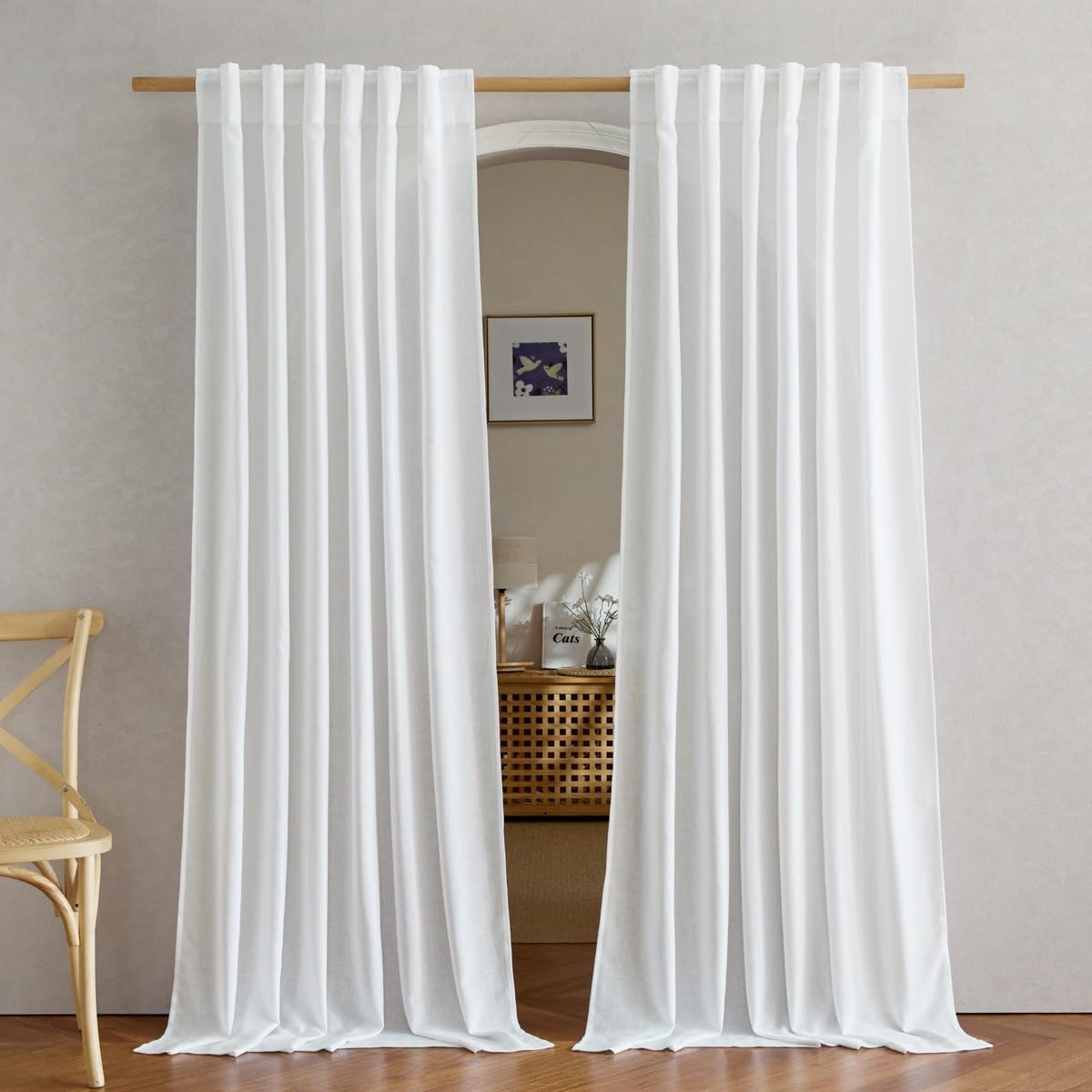 NICETOWN Flax Sheer Linen Curtains for Living Room 95 inch Long 2 Panels, Rod Pocket & Back Tab Semi Sheer Drapes Privacy Added with Light Filtering for Bedroom/Living Room, Natural, W55 x L95