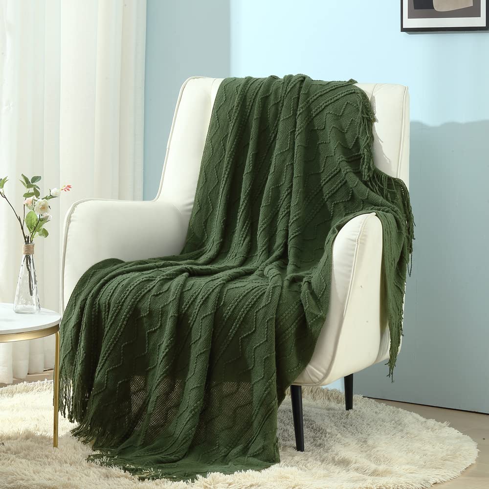 CREVENT Farmhouse Boho Knitted Throw Blanket for Couch Sofa Chair Bed Home Decoration, Soft Warm Cozy Light Weight for Spring Summer Fall (50''X60'' Off White/Ivory/Cream)