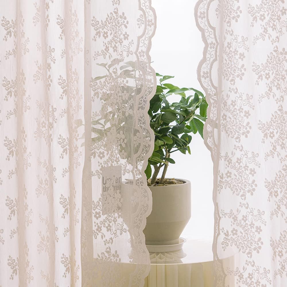 YJ YANJUN Vintage Lace Curtains 84 Inches Long-Victorian Floral Pattern Ivory Sheer Curtain Panels for Living Room Bedroom French Door, Light Filtering Drapes, 2 Panels 52W x 84L Cream