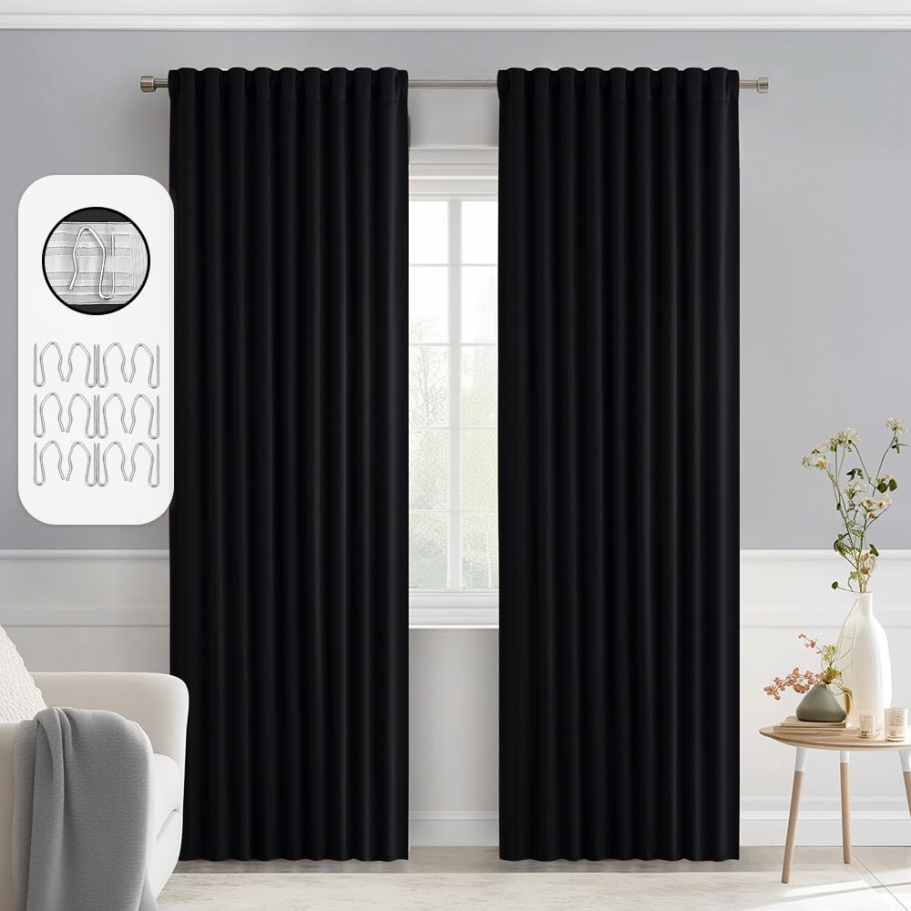 MIULEE 2 Panels Set Black Back Tab Blackout Curtains 52x96 Inch Long