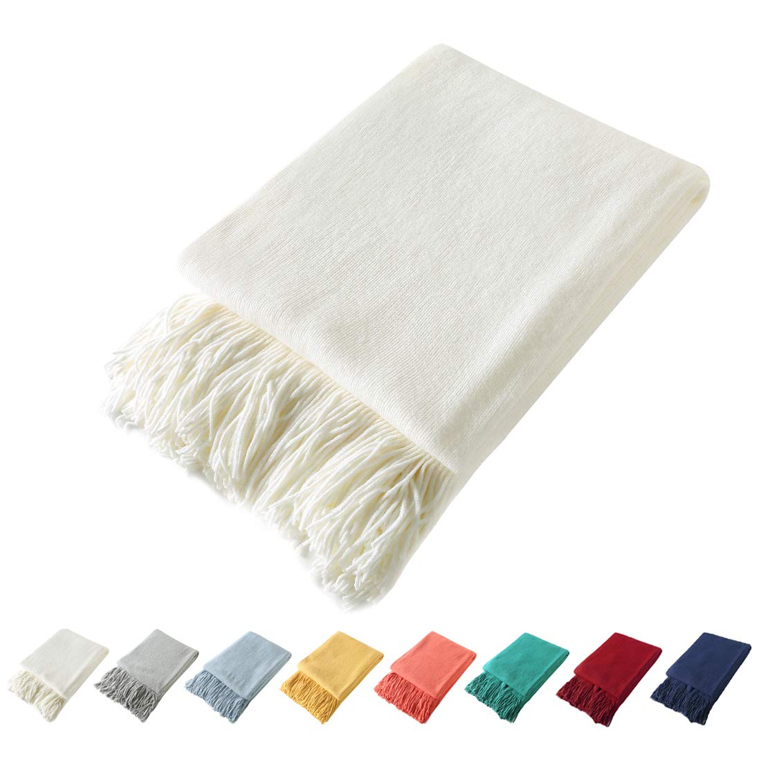 Homiest Pale Blue Knitted Throw Blanket with Fringe, 50x60 Inch