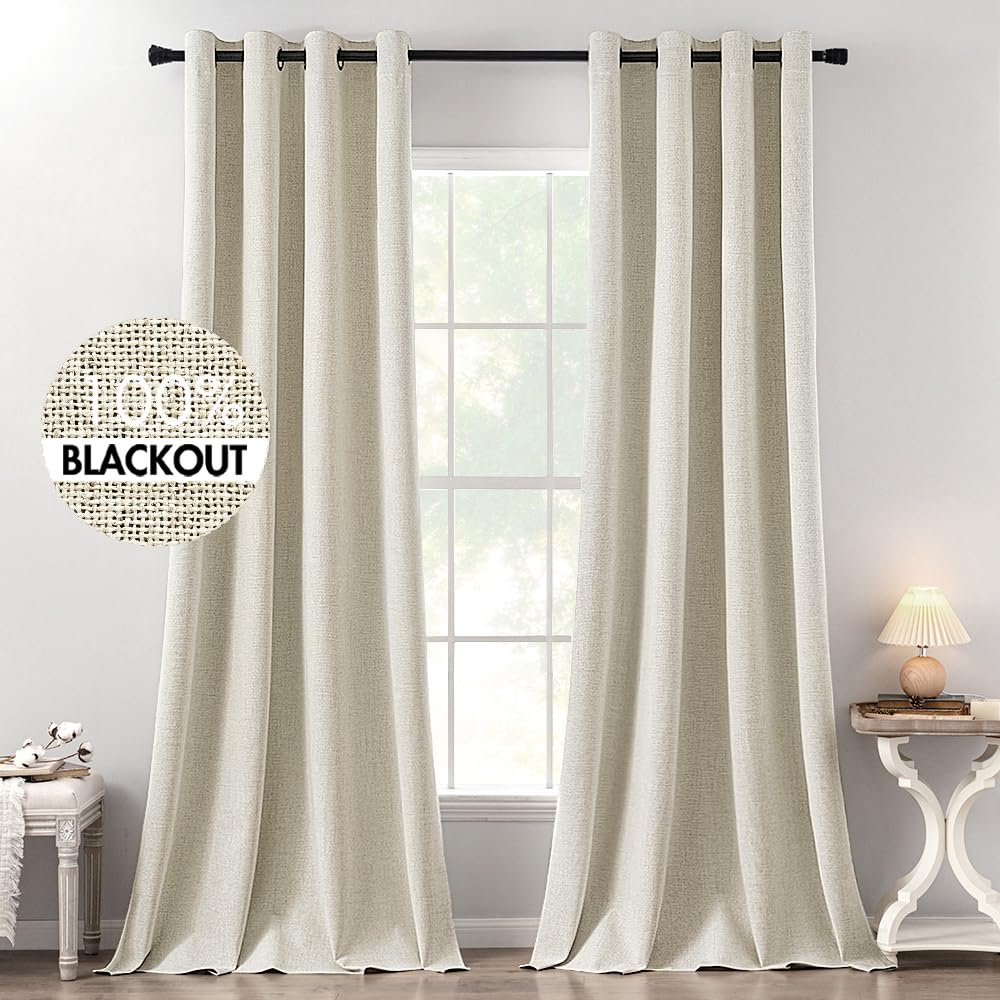 MIULEE 100% Blackout Linen Curtains for Bedroom 52x84 Inches Natural Beige
