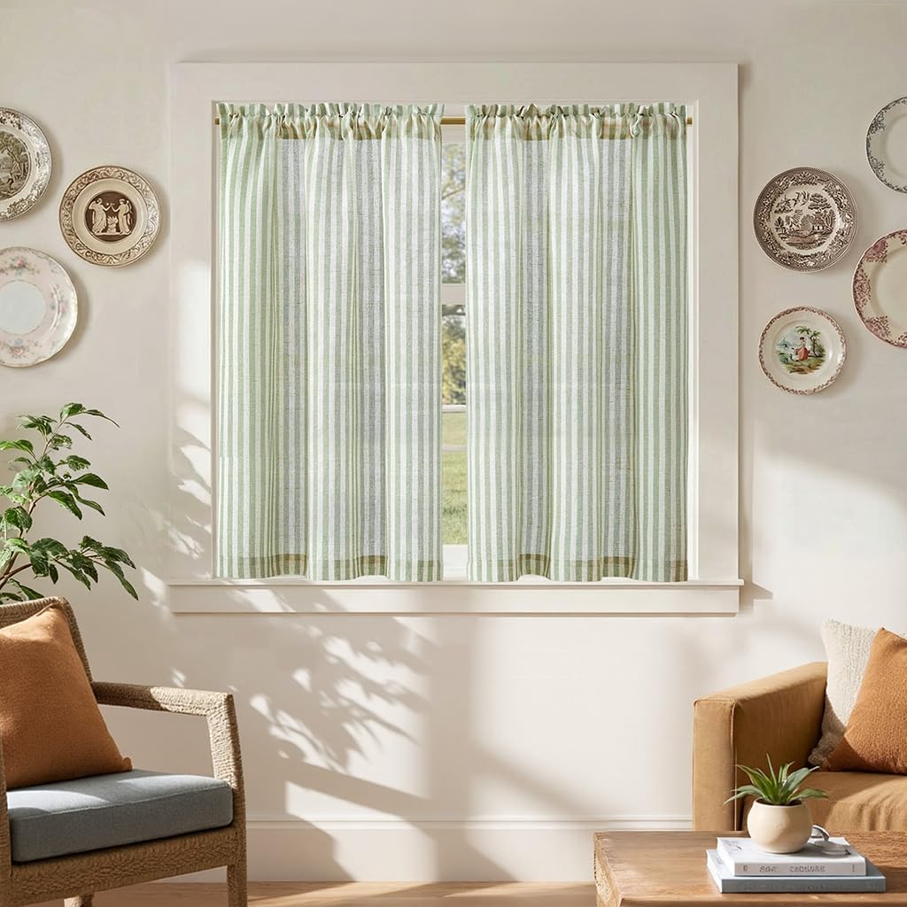 jinchan Striped Linen Kitchen Curtains 36 Inches Length Tier Curtains Farmhouse Modern Cafe Style Small Window Treatments Airy Light Filtering Rod Pocket for Living Room Bathroom 2 Panels Sage Green