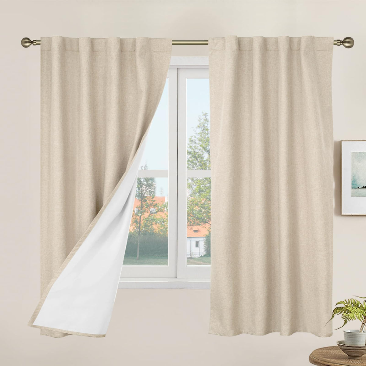 LAMIT 100% Blackout Short Linen Curtains for Cafe 40 Inch Length, Ivory