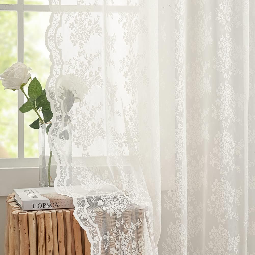 YJ YANJUN Vintage Lace Curtains 84 Inches Long-Victorian Floral Pattern Ivory Sheer Curtain Panels for Living Room Bedroom French Door, Light Filtering Drapes, 2 Panels 52W x 84L Cream