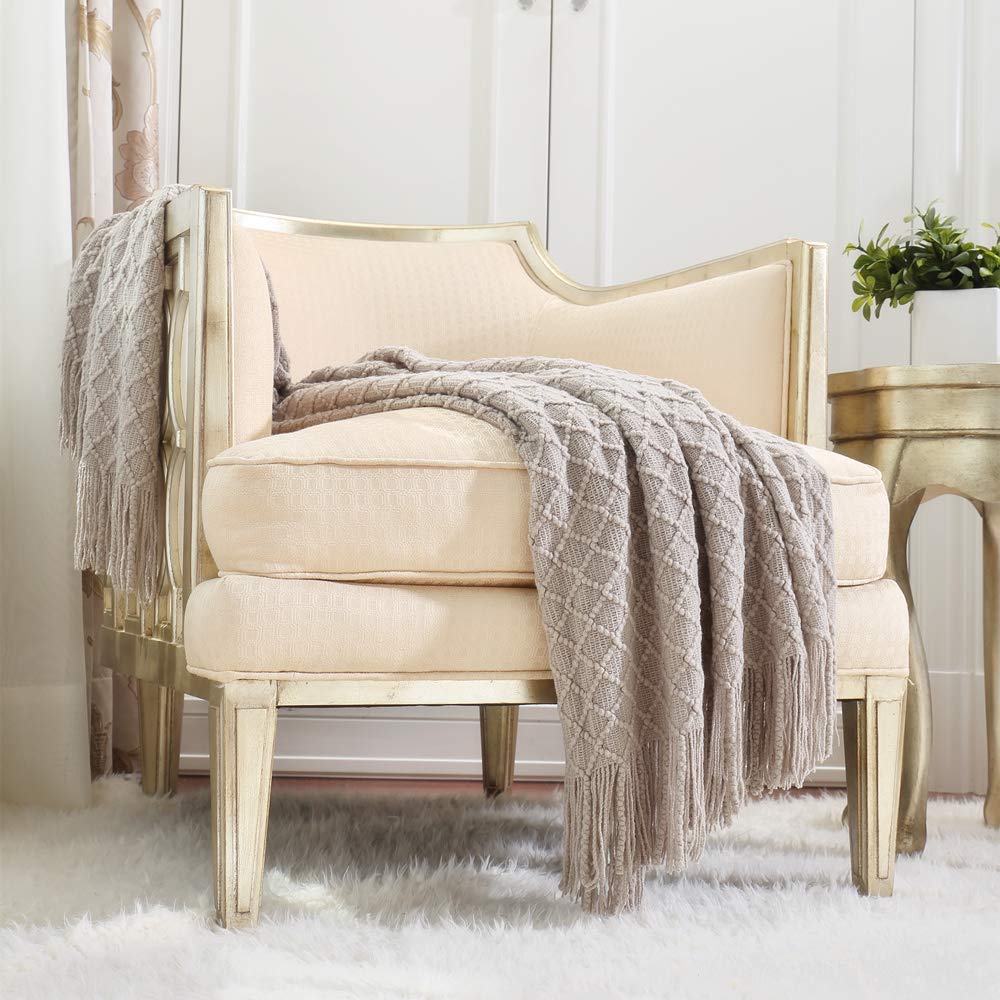 CREVENT Farmhouse Boho Knitted Throw Blanket for Couch Sofa Chair Bed Home Decoration, Soft Warm Cozy Light Weight for Spring Summer Fall (50''X60'' Off White/Ivory/Cream)