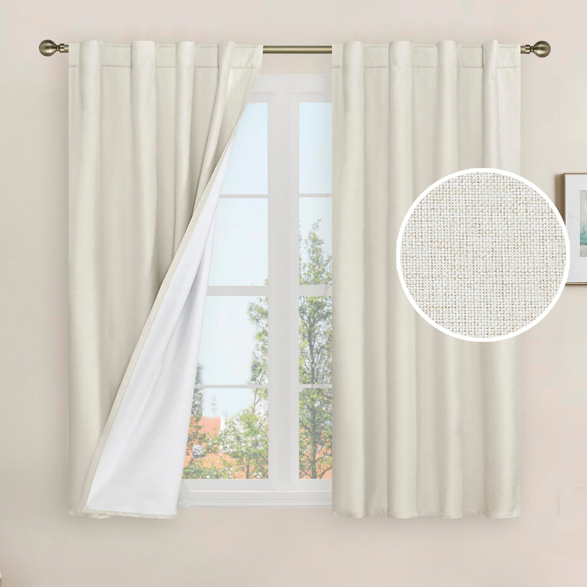 LAMIT 100% Blackout Short Linen Curtains for Cafe 40 Inch Length, Ivory