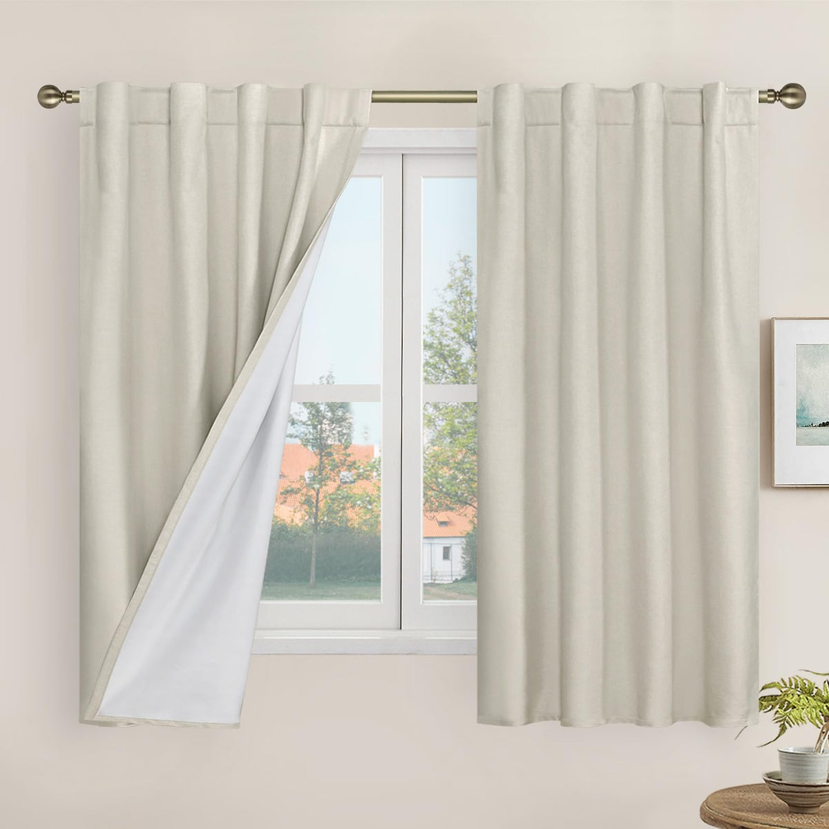 LAMIT 100% Blackout Short Linen Curtains for Cafe 40 Inch Length, Ivory