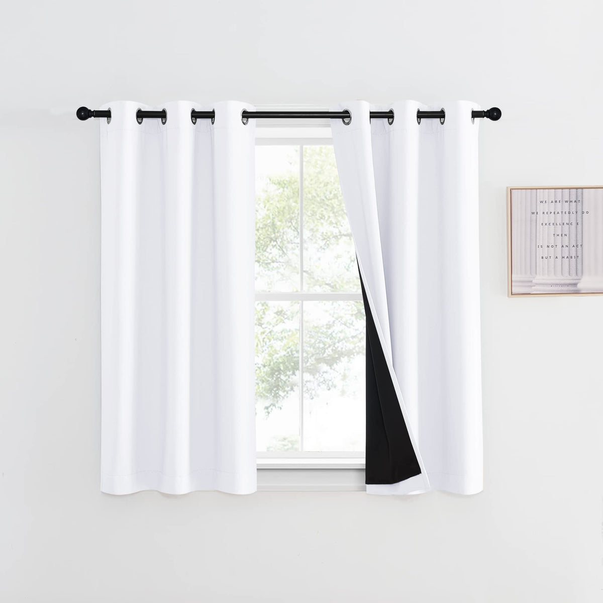 NICETOWN 100% Blackout Curtain 54 inches Long, Double-Deck Completely Blackout Window Treatment Thermal Insulated Lined Drape for Small Window (White, 1 PC, 52 inches Width Each Panel)