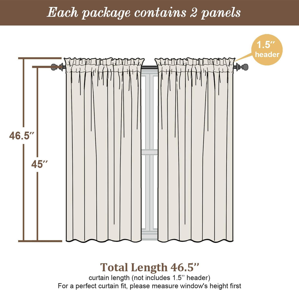 Chyhomenyc Roman Linen Blend Curtains 45 Inch Length 2 Panels, Light Filtering Soft Airy Leaf Floral Printed Rod Pocket Textured Window Treatment Drapes for Living Room Bedroom, 38Wx45L Inch, 2 PCS