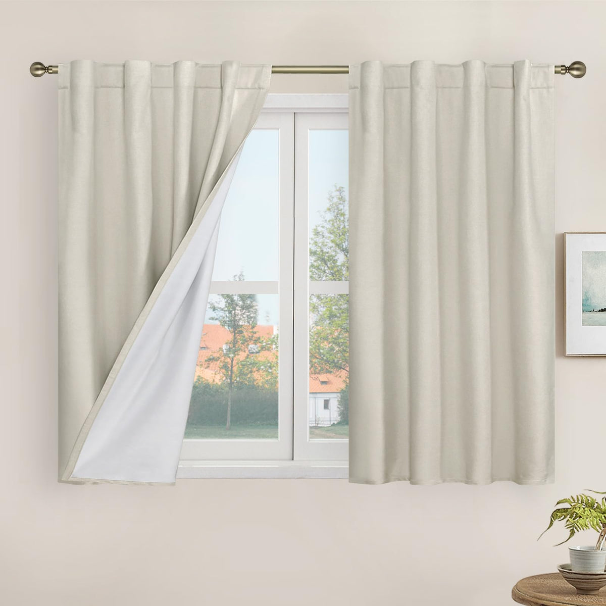 LAMIT 100% Blackout Short Linen Curtains for Cafe 40 Inch Length, Ivory