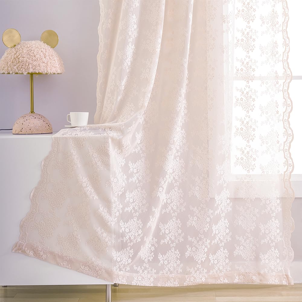 YJ YANJUN Vintage Lace Curtains 84 Inches Long-Victorian Floral Pattern Ivory Sheer Curtain Panels for Living Room Bedroom French Door, Light Filtering Drapes, 2 Panels 52W x 84L Cream