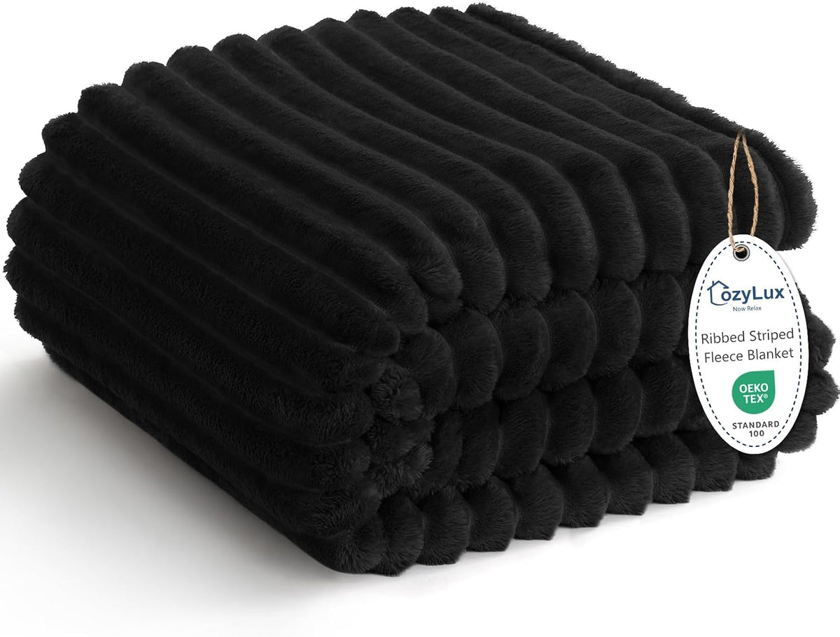 CozyLux Black Throw Blanket for Couch, Ribbed Fleece, 50 x 60 Inch