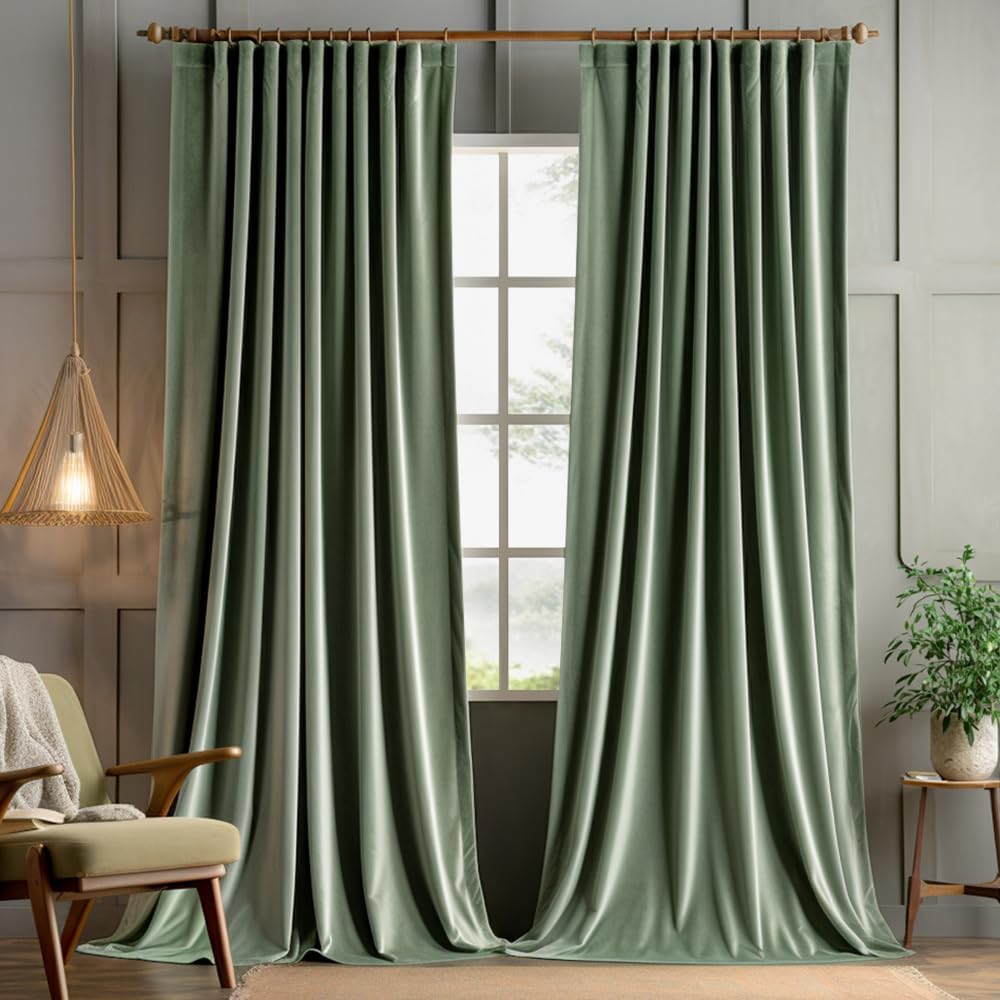 MIULEE Sage Green Velvet Pinch Pleat Blackout Curtains W52 X L108 Inches