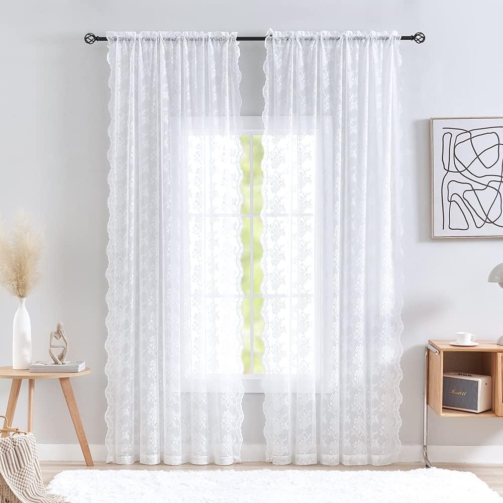 YJ YANJUN Vintage Lace Curtains 84 Inches Long-Victorian Floral Pattern Ivory Sheer Curtain Panels for Living Room Bedroom French Door, Light Filtering Drapes, 2 Panels 52W x 84L Cream