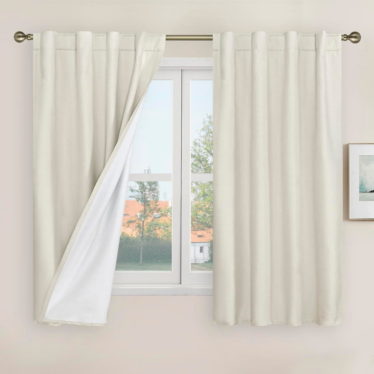 LAMIT 100% Blackout Short Linen Curtains for Cafe 40 Inch Length, Ivory