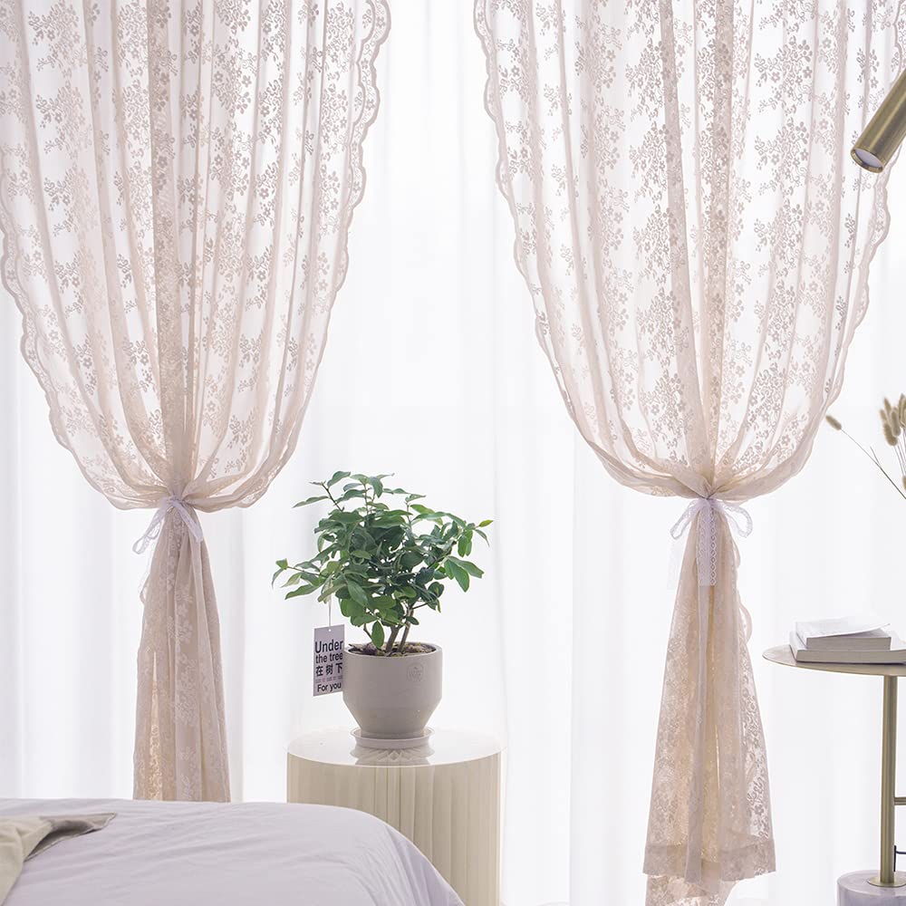 YJ YANJUN Vintage Lace Curtains 84 Inches Long-Victorian Floral Pattern Ivory Sheer Curtain Panels for Living Room Bedroom French Door, Light Filtering Drapes, 2 Panels 52W x 84L Cream