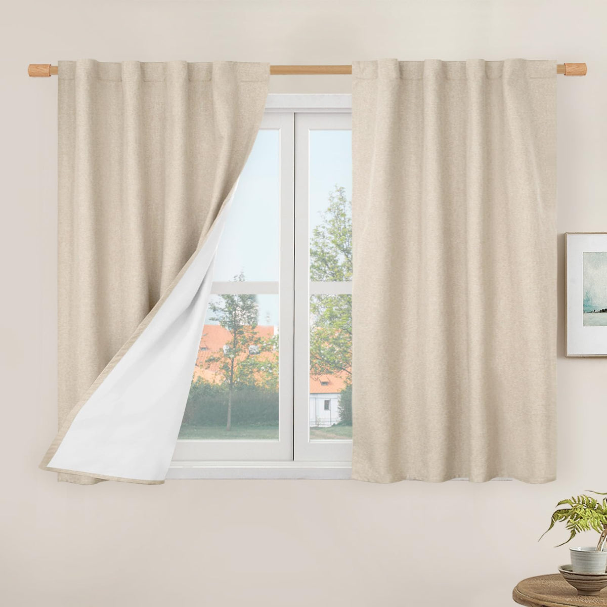LAMIT 100% Blackout Short Linen Curtains for Cafe 40 Inch Length, Ivory