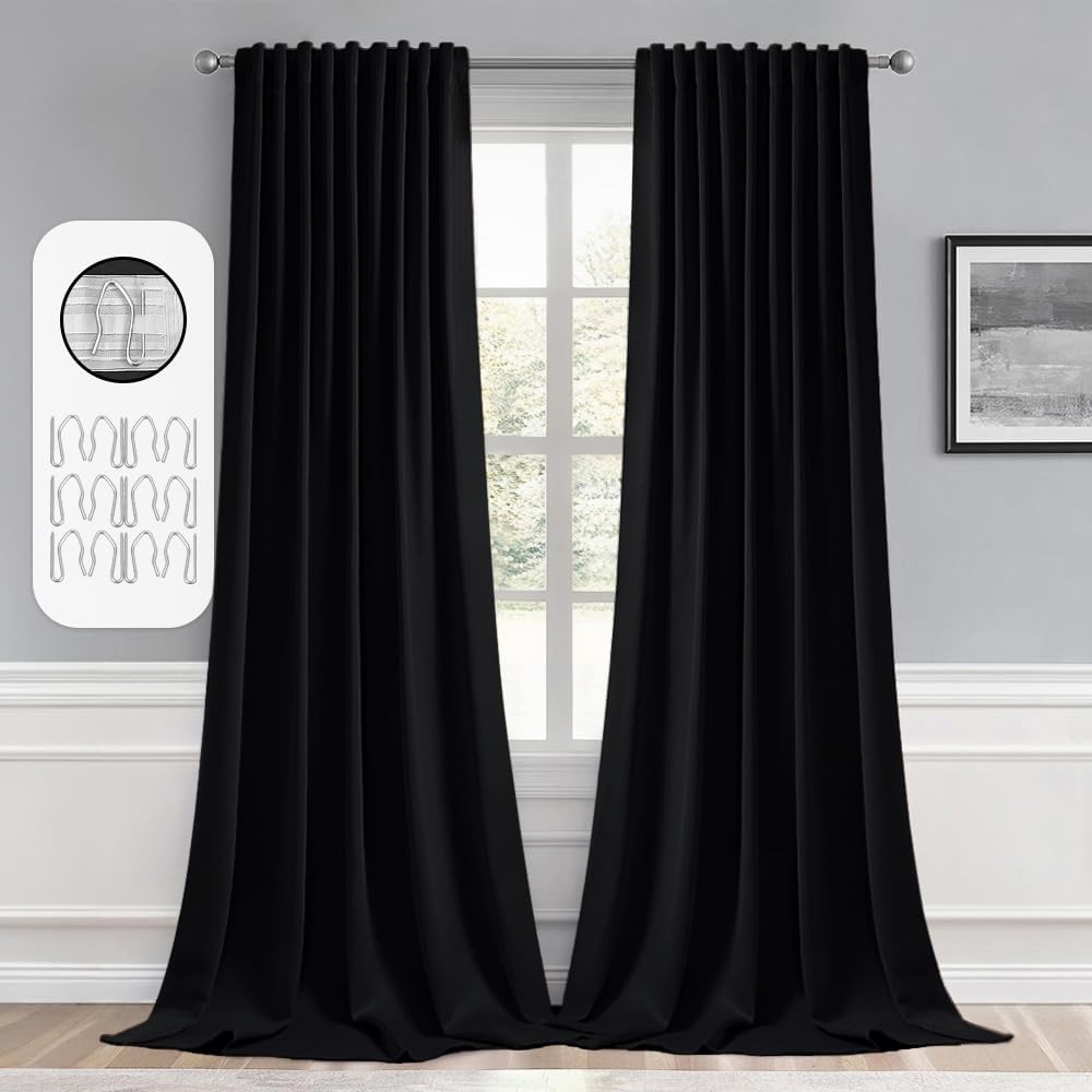 MIULEE 2 Panels Set Black Back Tab Blackout Curtains 52x96 Inch Long