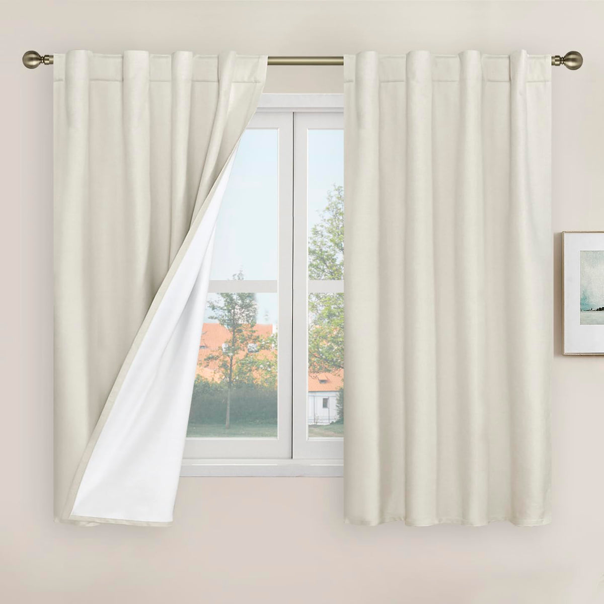 LAMIT 100% Blackout Short Linen Curtains for Cafe 40 Inch Length, Ivory
