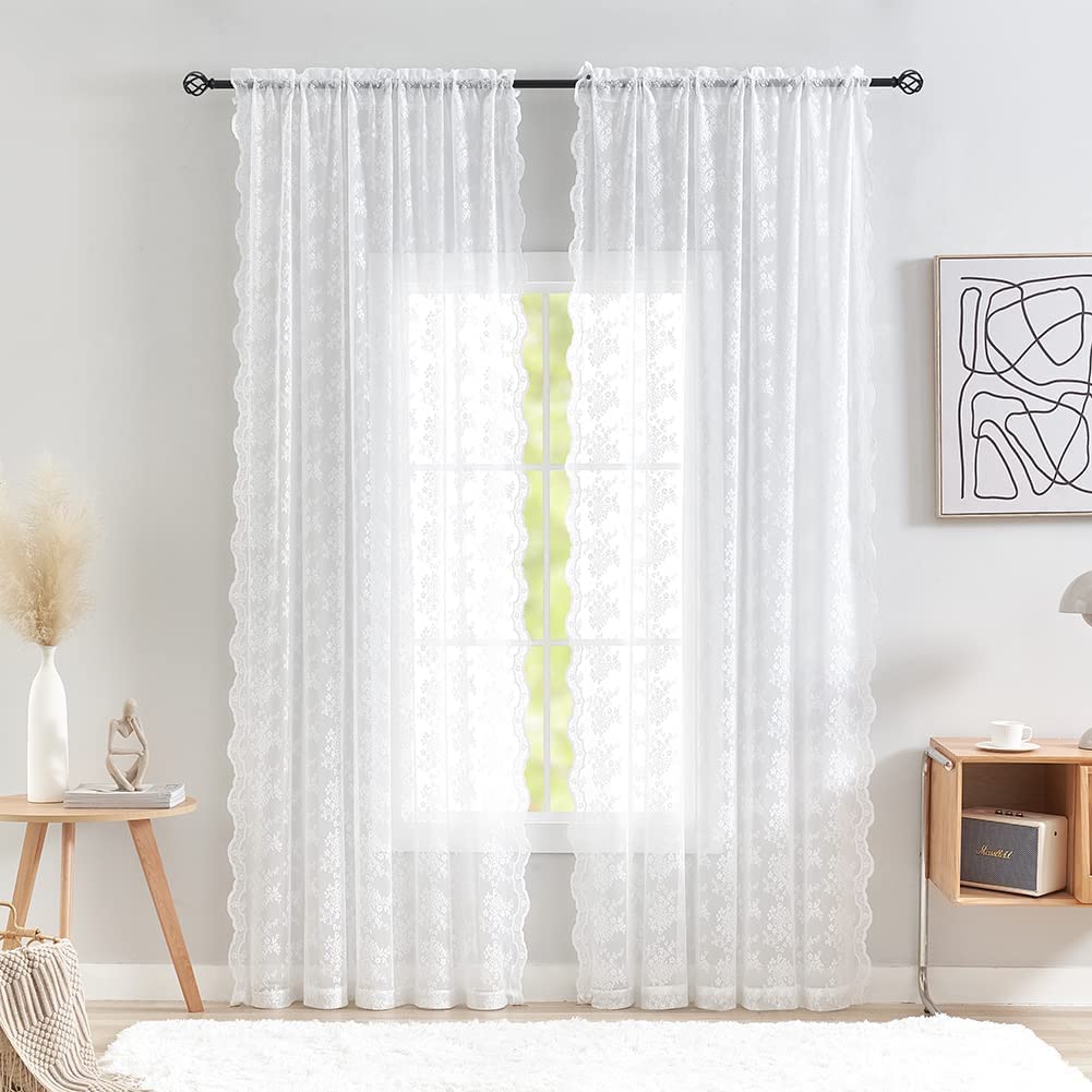 YJ YANJUN Vintage Lace Curtains 84 Inches Long-Victorian Floral Pattern Ivory Sheer Curtain Panels for Living Room Bedroom French Door, Light Filtering Drapes, 2 Panels 52W x 84L Cream