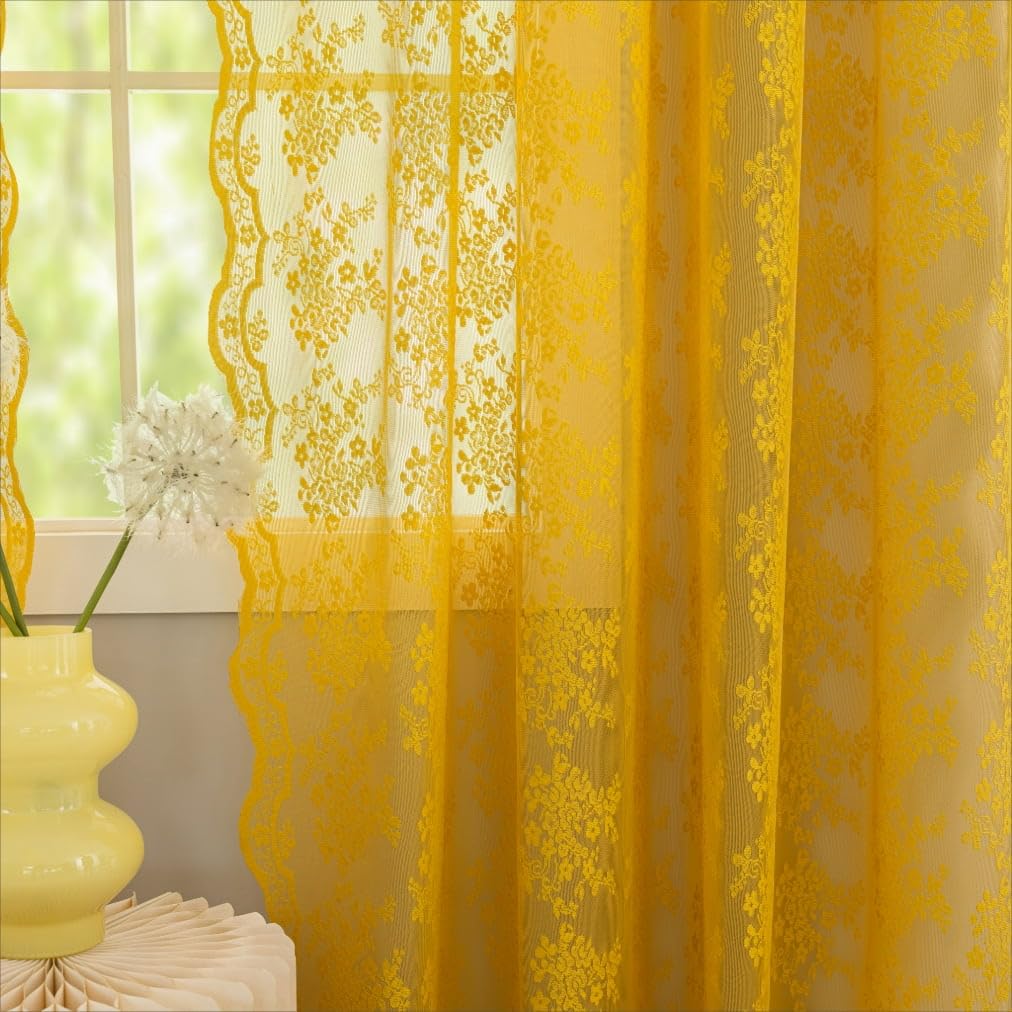 YJ YANJUN Vintage Lace Curtains 84 Inches Long-Victorian Floral Pattern Ivory Sheer Curtain Panels for Living Room Bedroom French Door, Light Filtering Drapes, 2 Panels 52W x 84L Cream
