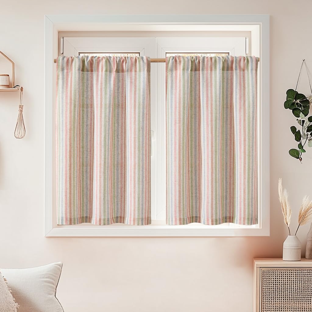 jinchan Striped Linen Kitchen Curtains 36 Inches Length Tier Curtains Farmhouse Modern Cafe Style Small Window Treatments Airy Light Filtering Rod Pocket for Living Room Bathroom 2 Panels Sage Green