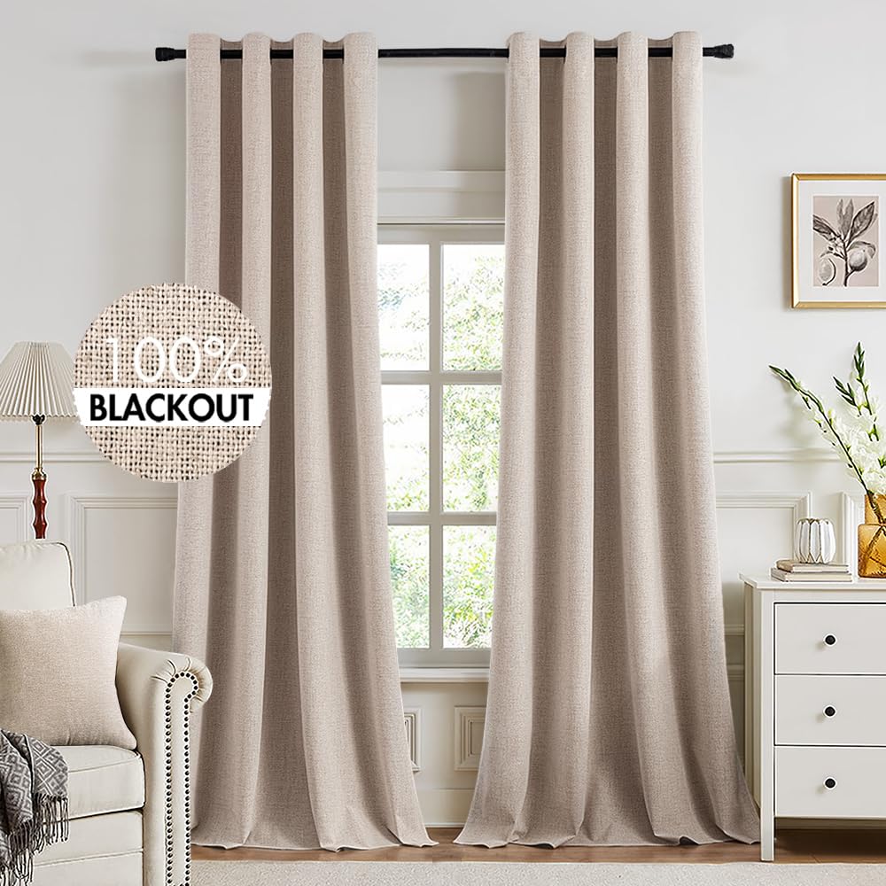 MIULEE 100% Blackout Linen Curtains for Bedroom 52x84 Inches Dusty Blue