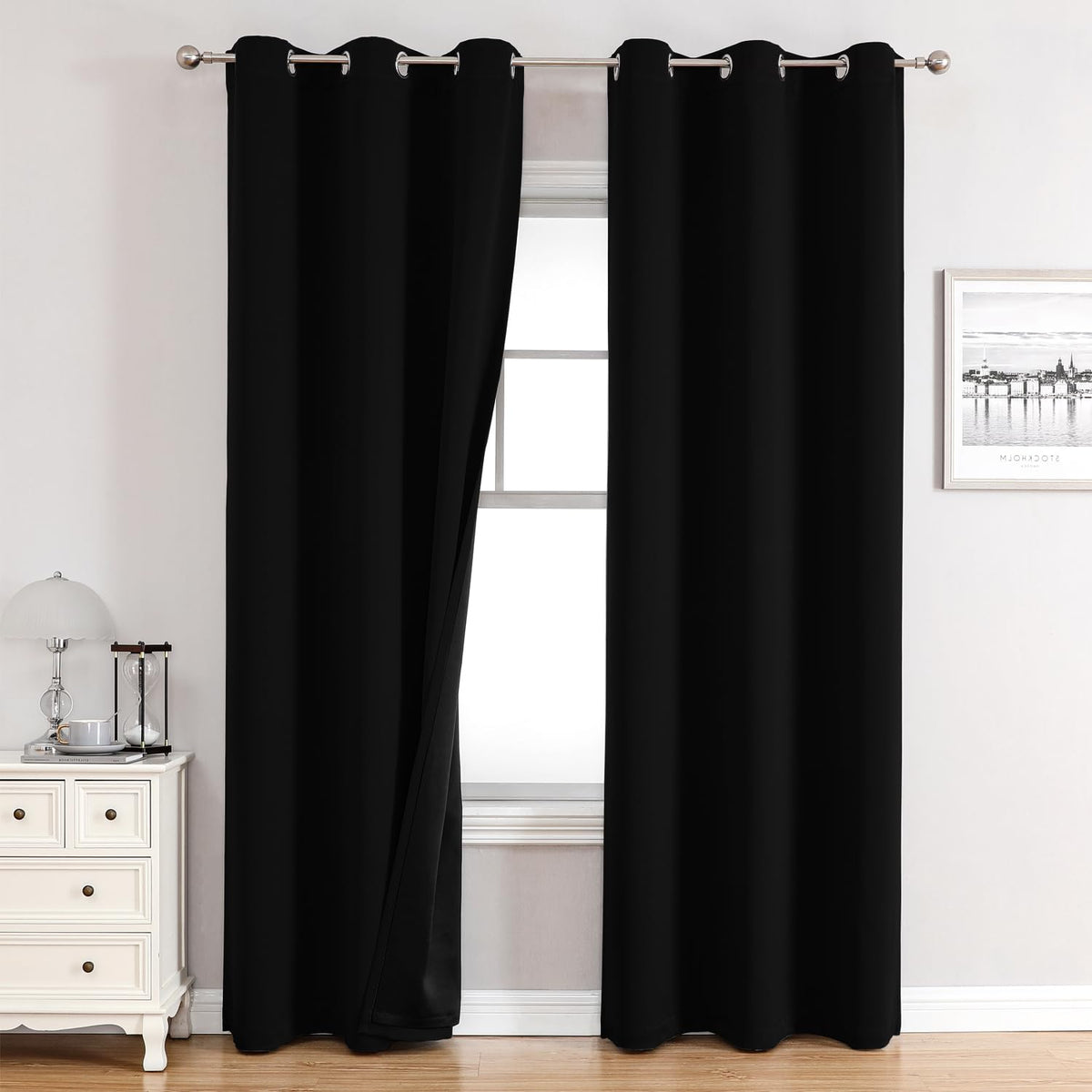 ChrisDowa 100% Blackout Curtains for Bedroom 63 Inch Long with Black Liner