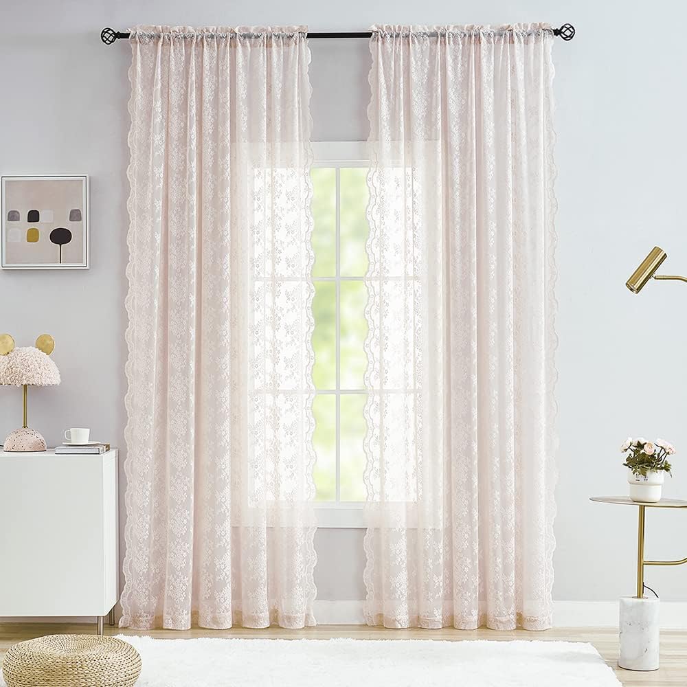 YJ YANJUN Vintage Lace Curtains 84 Inches Long-Victorian Floral Pattern Ivory Sheer Curtain Panels for Living Room Bedroom French Door, Light Filtering Drapes, 2 Panels 52W x 84L Cream