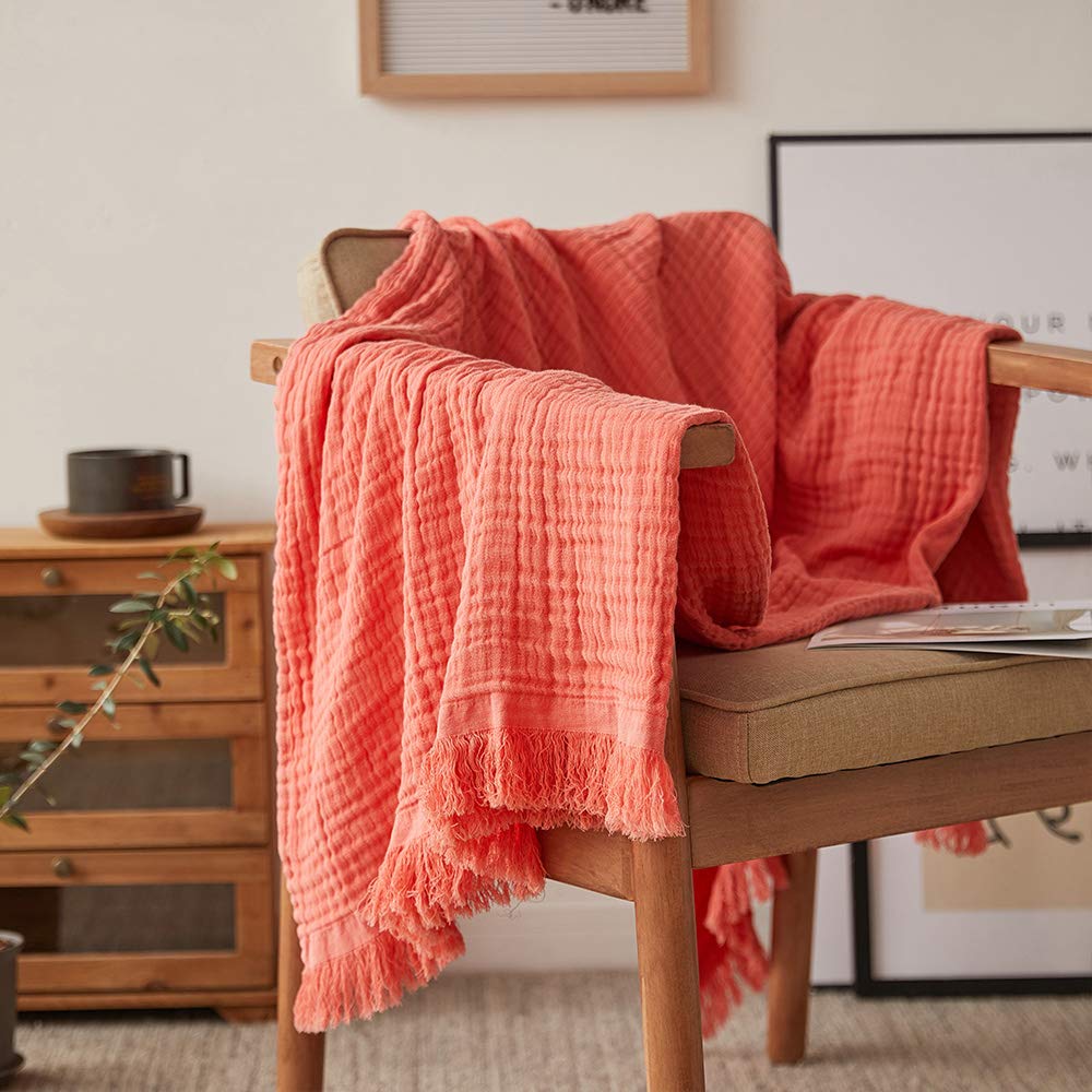 Simple&Opulence Cotton Muslin Throw Blanket for Bed, Couch, Knit Woven Gauze Blanket with Tassels, Soft Lightweight Cozy Pre-Washed Breathable Farmhouse Decoration for All-Season (Rust Orange)