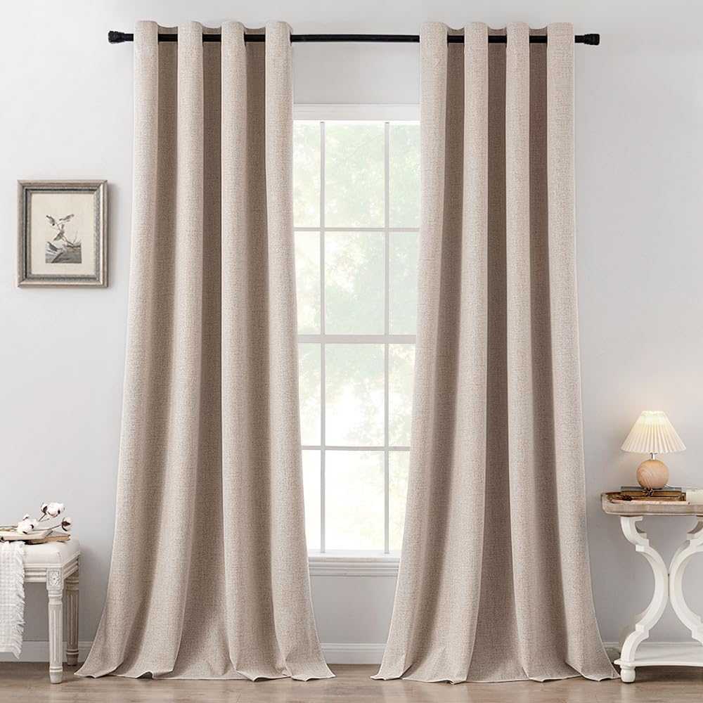 MIULEE 100% Blackout Linen Curtains for Bedroom 52x84 Inches Natural Beige