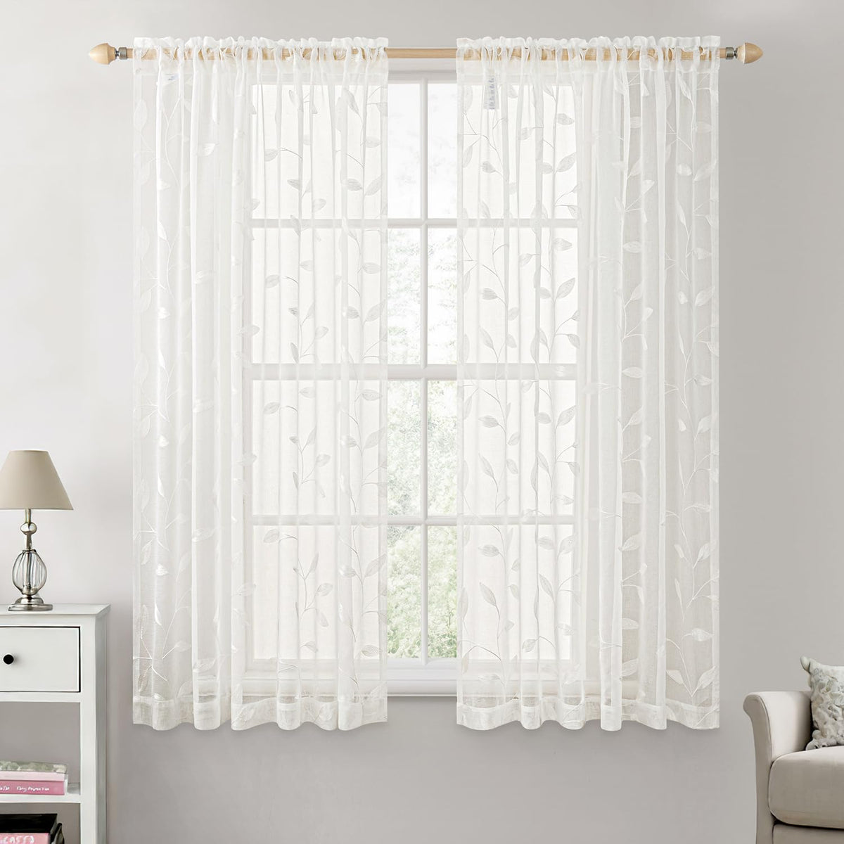 MIULEE Sage Green Sheer Curtains 2 Panels Leaf Patterned, W52 x L84