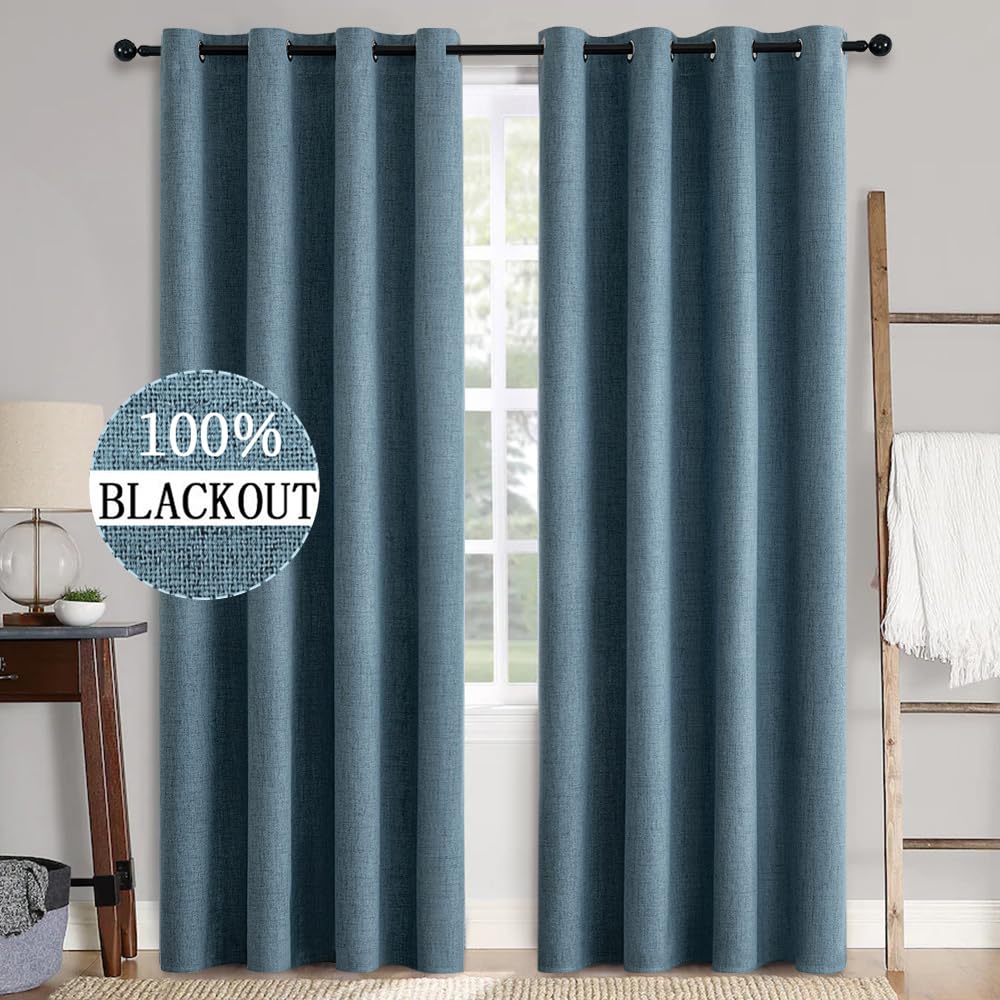 MIULEE 100% Blackout Linen Curtains for Bedroom 52x84 Inches Dusty Blue