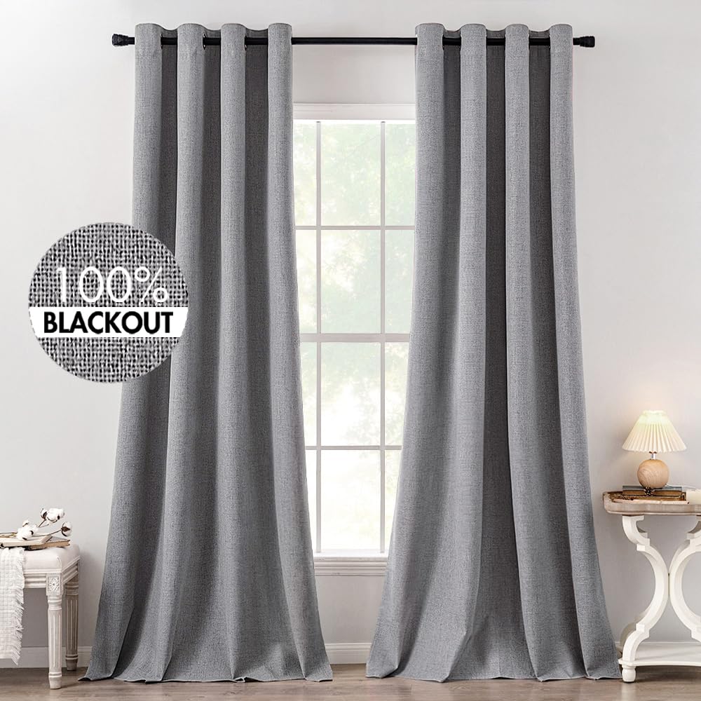 MIULEE 100% Blackout Linen Curtains for Bedroom 52x84 Inches Dusty Blue