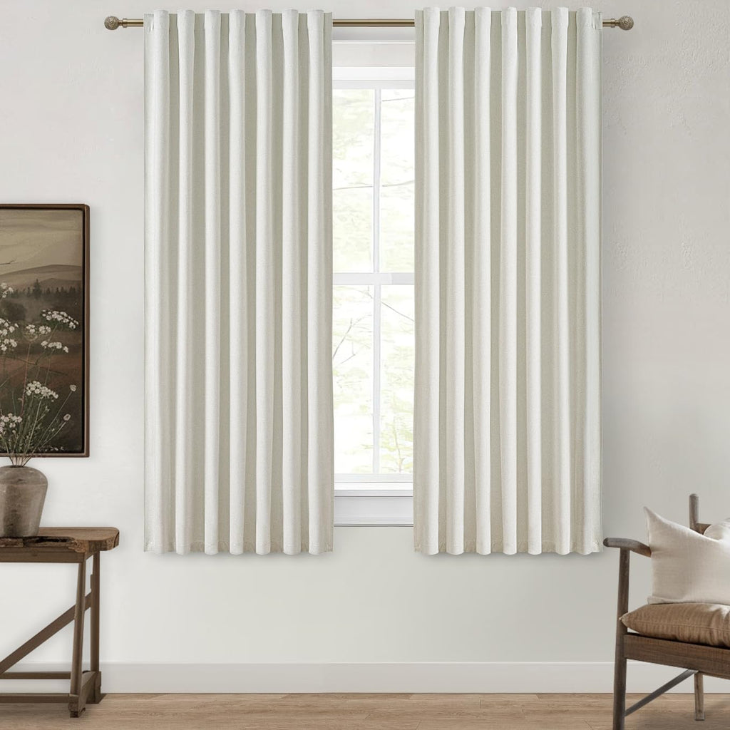100% Blackout Curtains 84 Inch Length 2 Panels Set Farmhouse Style for Bedroom Windows/Living Room Thermal Insulated Neutral Boho Drapes Linen Blend Natural Ivory 7ft Long Hook Belt Pleated/Back Tab