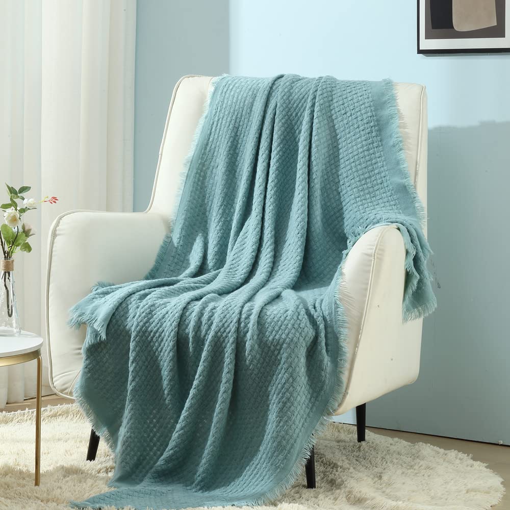 CREVENT Farmhouse Boho Knitted Throw Blanket for Couch Sofa Chair Bed Home Decoration, Soft Warm Cozy Light Weight for Spring Summer Fall (50''X60'' Off White/Ivory/Cream)