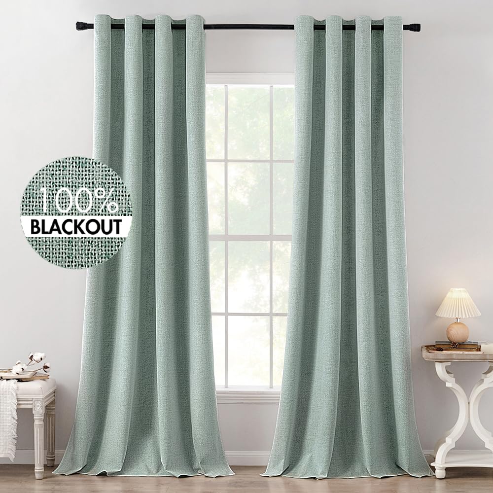 MIULEE 100% Blackout Linen Curtains for Bedroom 52x84 Inches Dusty Blue