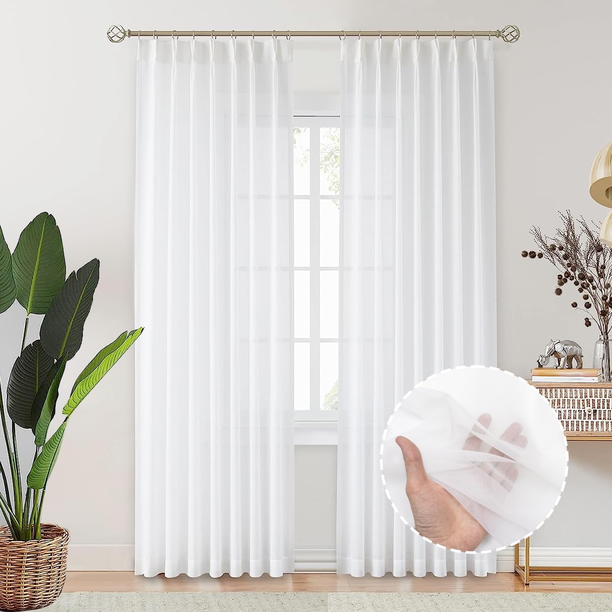 White Curtains Sheers for Living Room 84 inch Length 2 Panels, Pinch Double Pleated Sheer Curtains with Custom Multi Size (2 Panels, 72 inches Wide Each Panel, White)