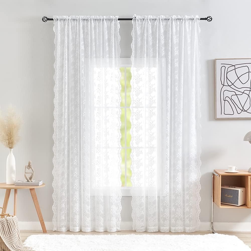 YJ YANJUN Vintage Lace Curtains 84 Inches Long-Victorian Floral Pattern Ivory Sheer Curtain Panels for Living Room Bedroom French Door, Light Filtering Drapes, 2 Panels 52W x 84L Cream
