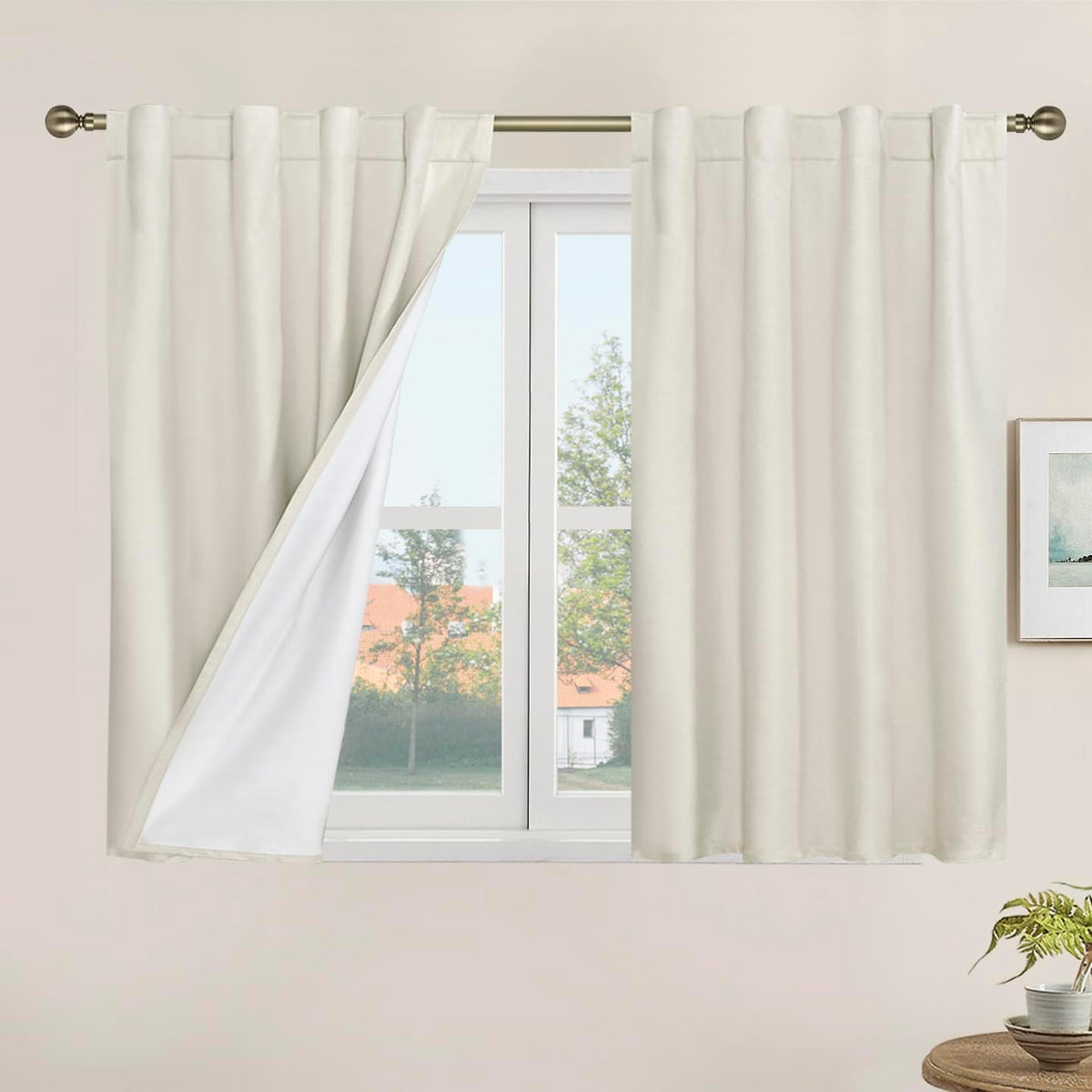 LAMIT 100% Blackout Short Linen Curtains for Cafe 40 Inch Length, Ivory