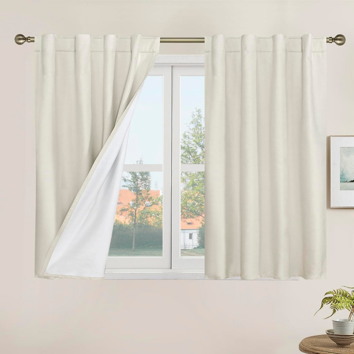 LAMIT 100% Blackout Short Linen Curtains for Cafe 40 Inch Length, Ivory