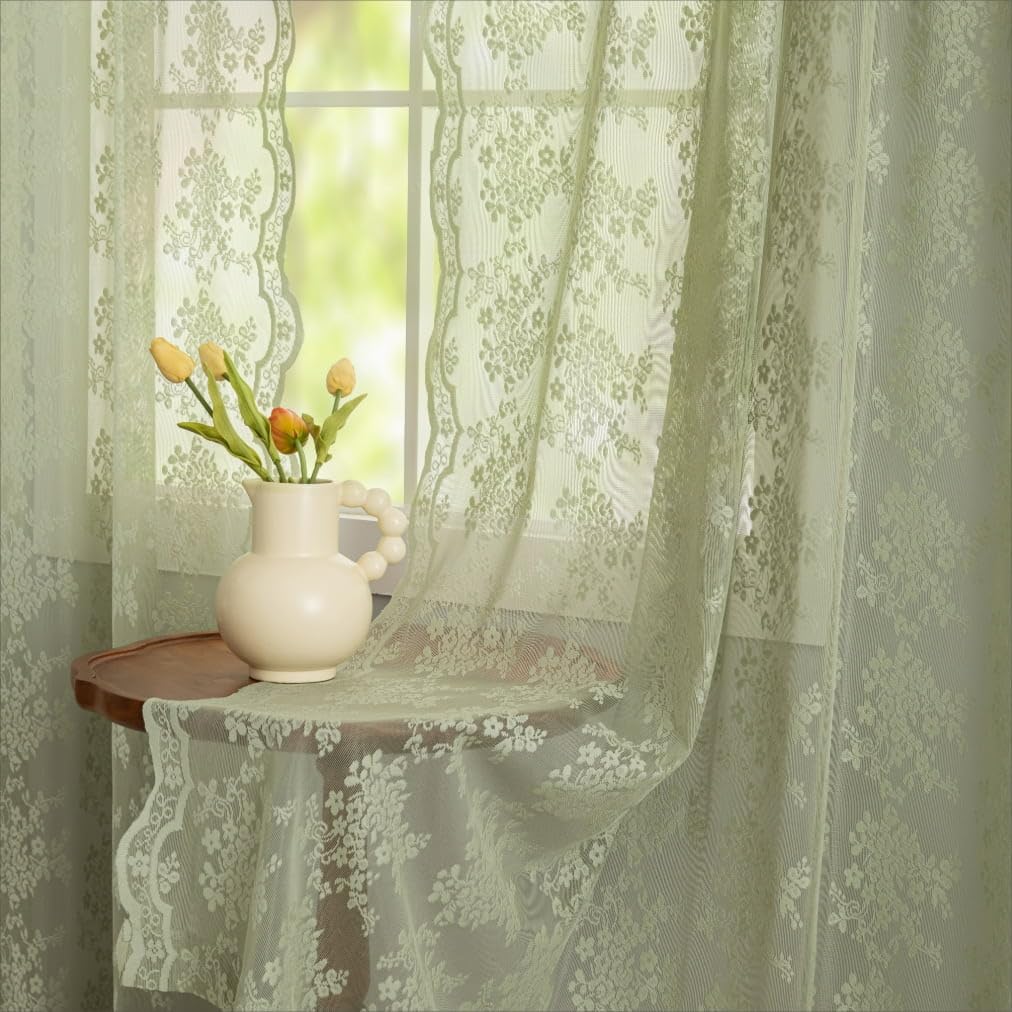 YJ YANJUN Vintage Lace Curtains 84 Inches Long-Victorian Floral Pattern Ivory Sheer Curtain Panels for Living Room Bedroom French Door, Light Filtering Drapes, 2 Panels 52W x 84L Cream
