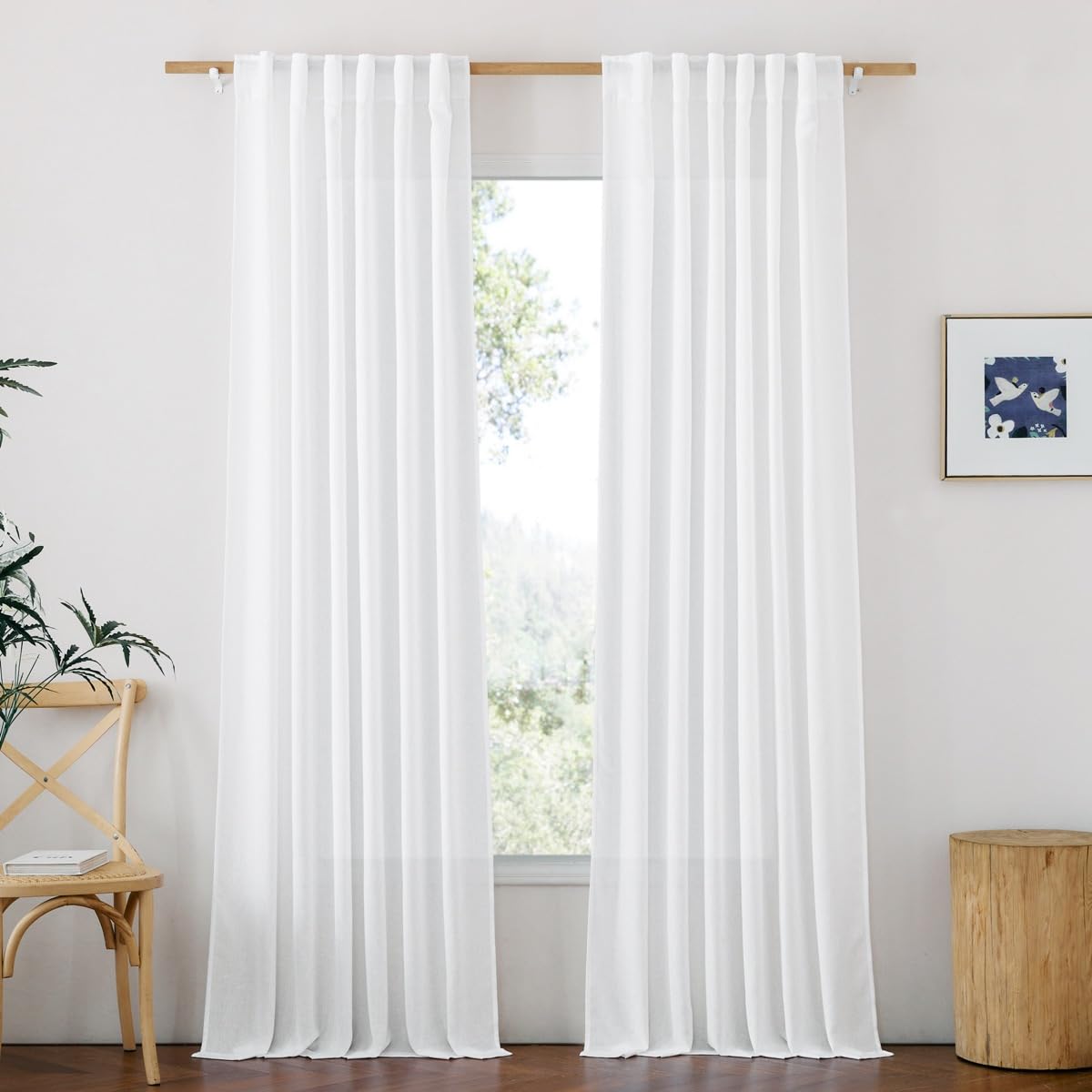 NICETOWN Flax Sheer Linen Curtains for Living Room 95 inch Long 2 Panels, Rod Pocket & Back Tab Semi Sheer Drapes Privacy Added with Light Filtering for Bedroom/Living Room, Natural, W55 x L95