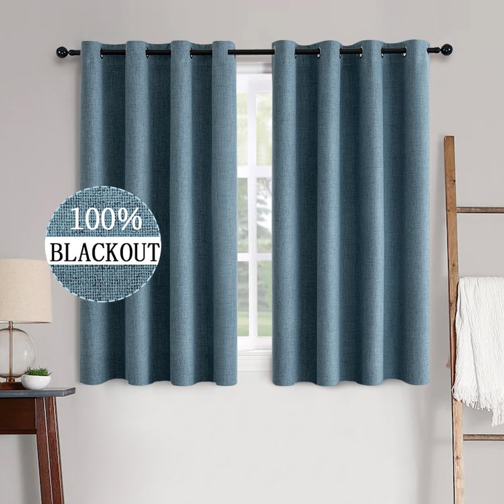 MIULEE 100% Blackout Linen Curtains for Bedroom 52x84 Inches Dusty Blue