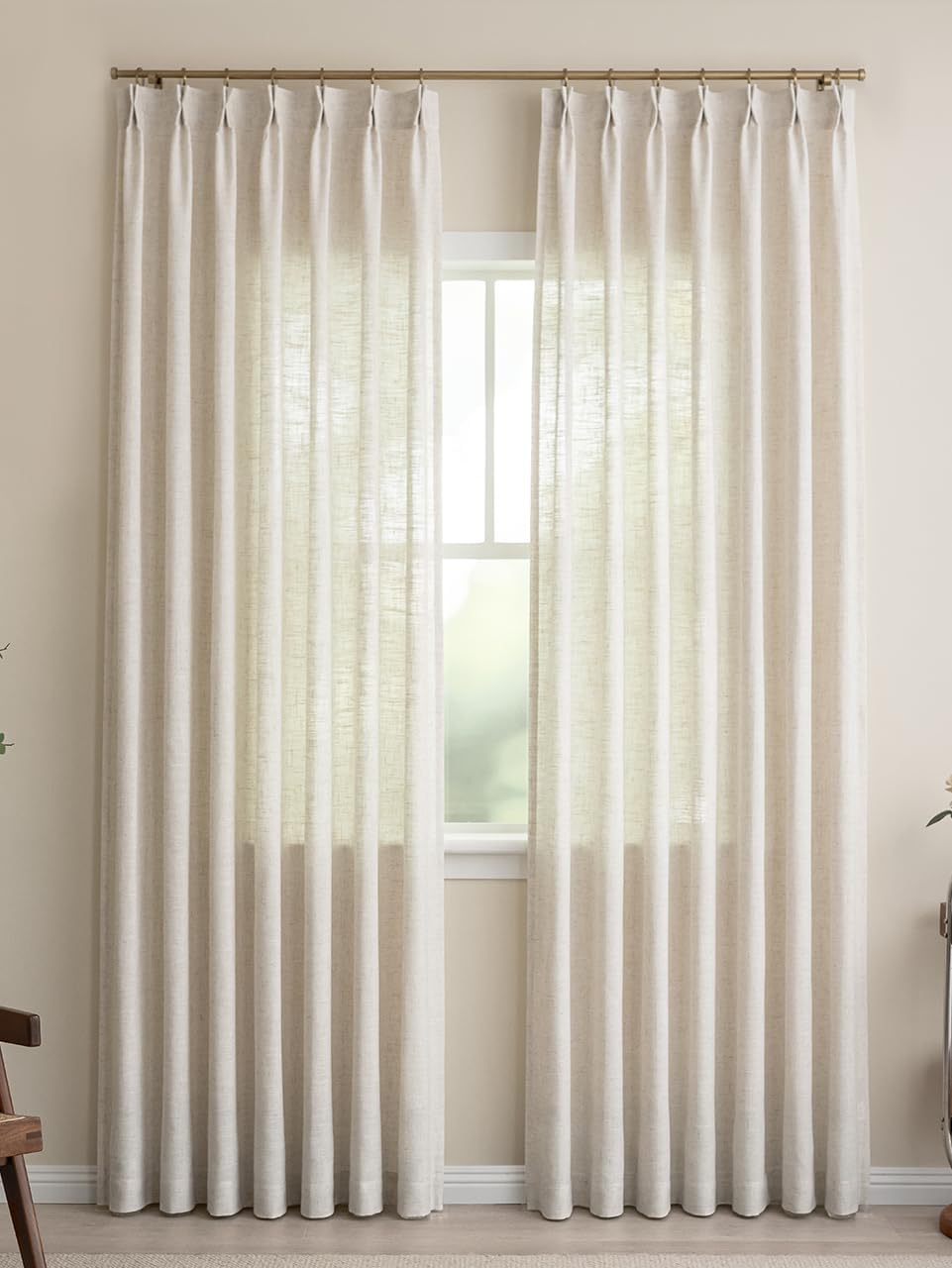 Liz Sheer Pinch Pleated Linen Curtains 90 Inches Long - Light Filtering Pleat Curtains for Living Room,Window Curtains for Bedroom, Luxury Pinch Pleated Drapes with Hooks, Natural, 2 Panels Set