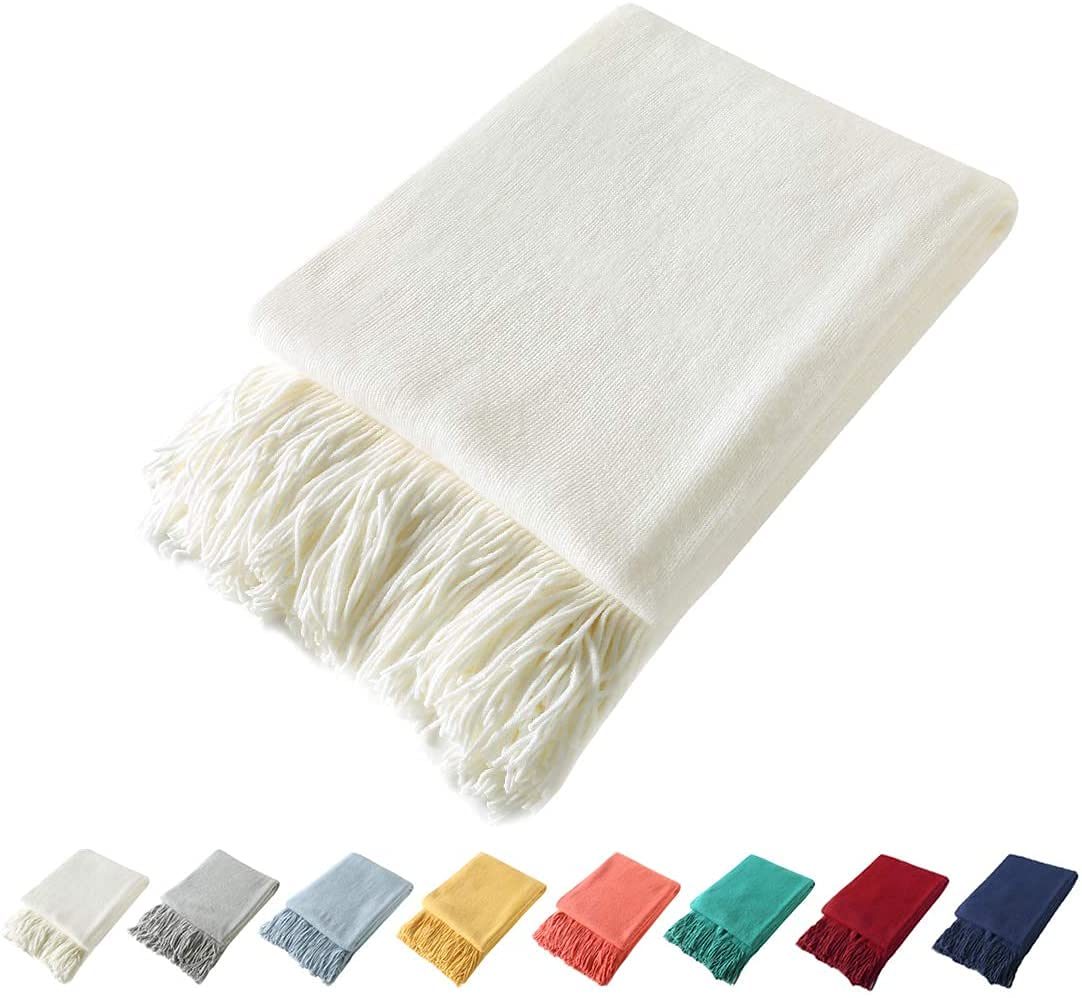 Homiest Pale Blue Knitted Throw Blanket with Fringe, 50x60 Inch