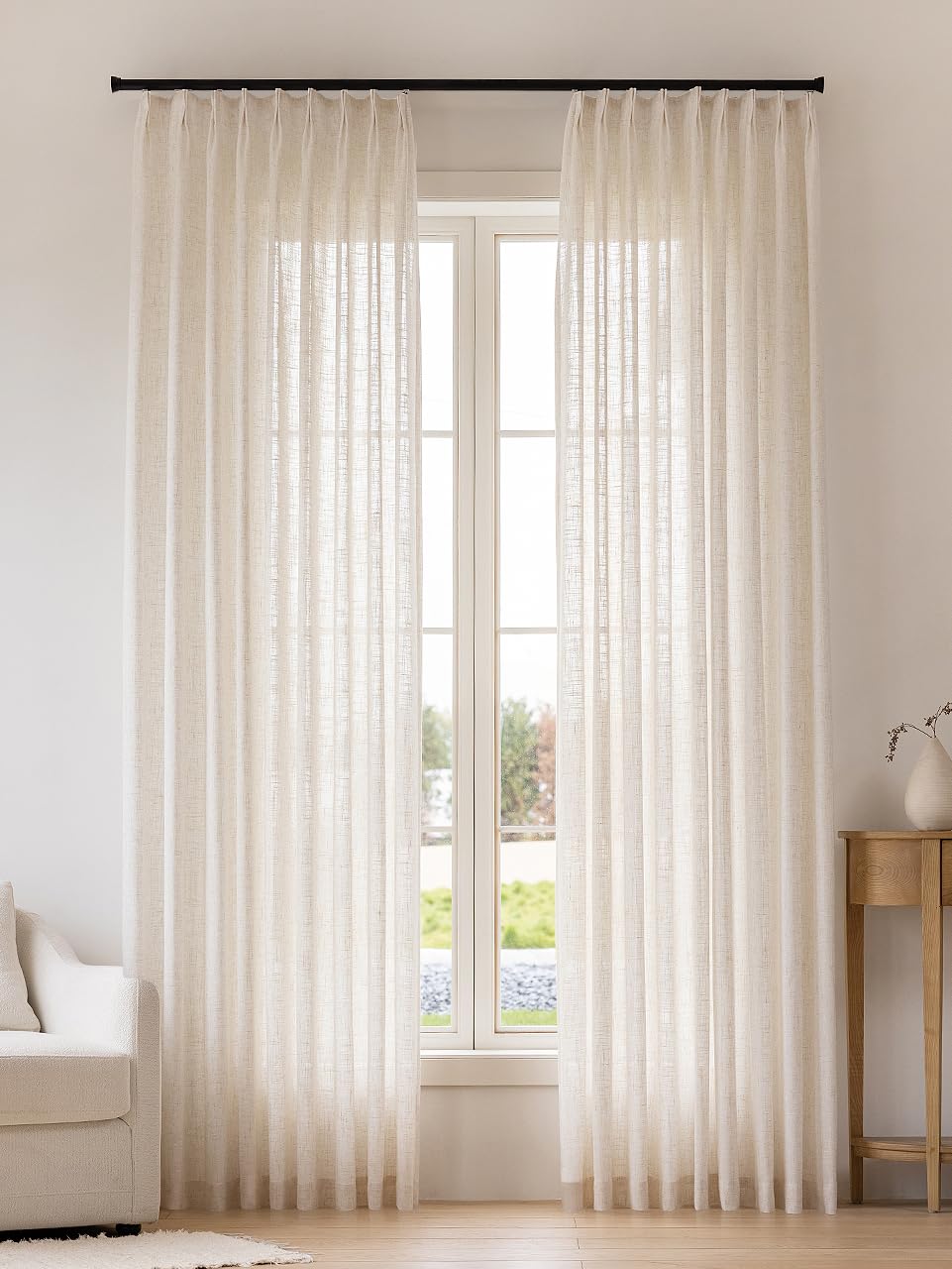 Liz Sheer Pinch Pleated Linen Curtains 90 Inches Long - Light Filtering Pleat Curtains for Living Room,Window Curtains for Bedroom, Luxury Pinch Pleated Drapes with Hooks, Natural, 2 Panels Set